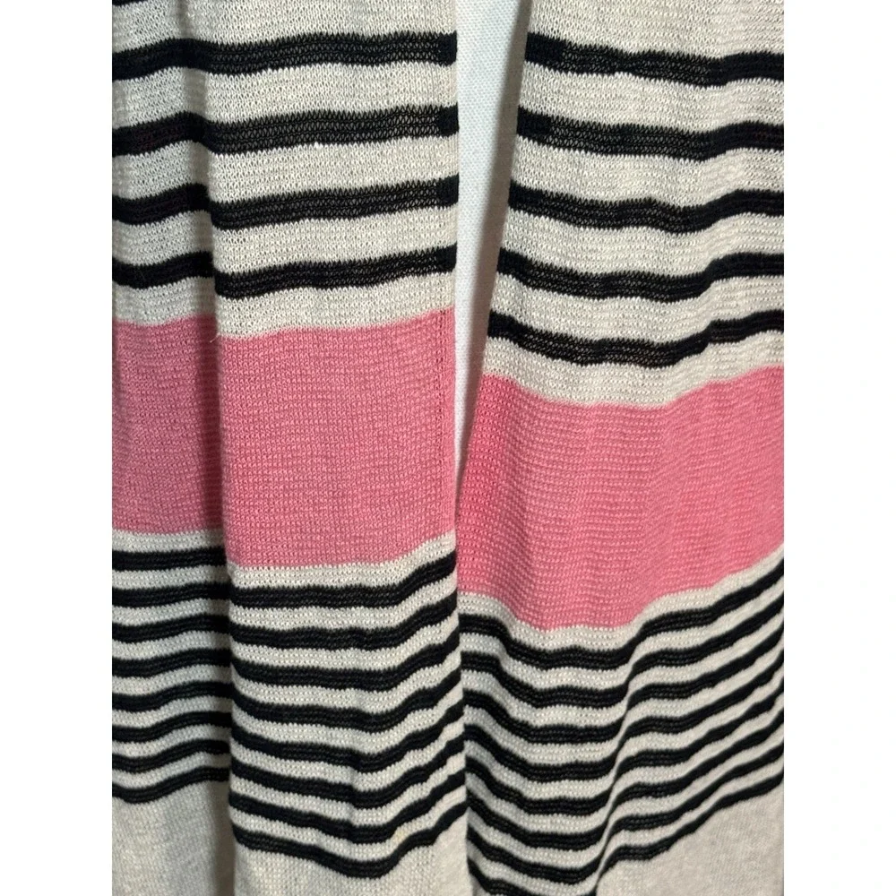 J Jill Tan Black Pink Knit Lightweight Open Cardigan Striped Linen Cotton Medium